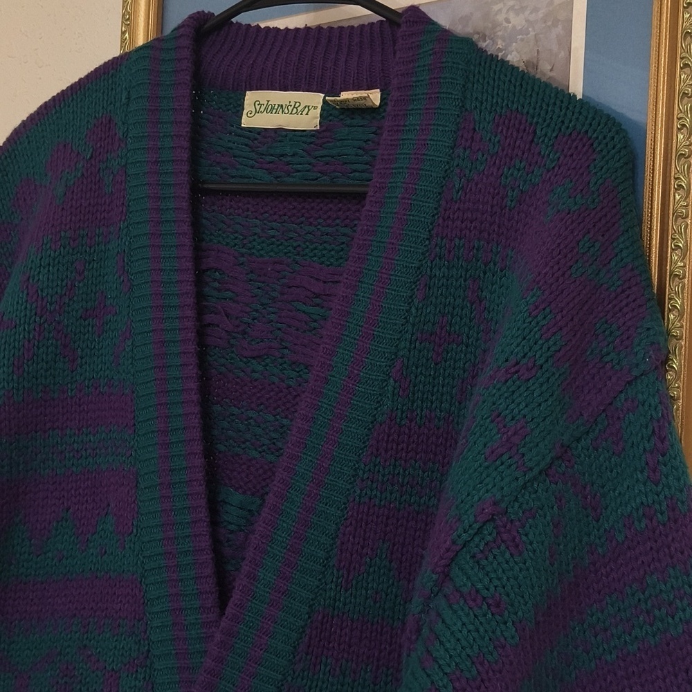 Vintage Chunky Know oversized Y2k Green and Purple Sweater Collegiate Preppy L - Picture 2 of 8